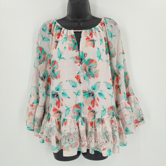 Kaari Blue Sz L Multi Pink Floral Santorini 3/4 Sleeve Ruffle Front Tie Top Lace - Picture 3 of 13